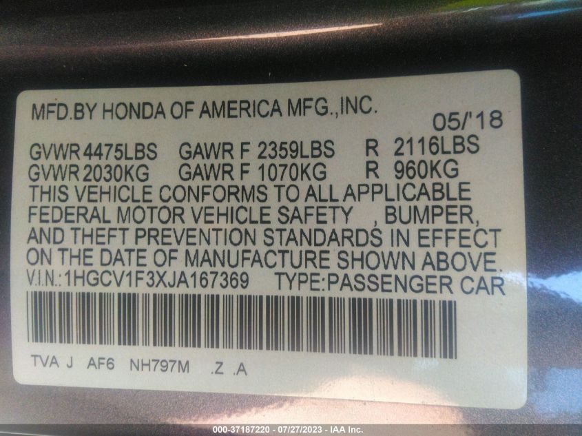 2018 HONDA ACCORD SEDAN SPORT 1.5T - 1HGCV1F3XJA167369