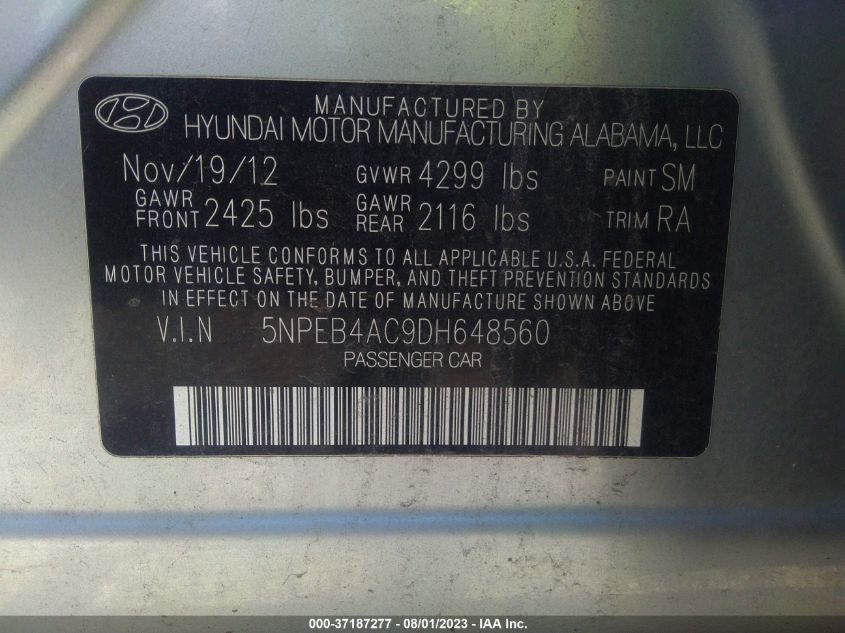 2013 HYUNDAI SONATA GLS PZEV - 5NPEB4AC9DH648560