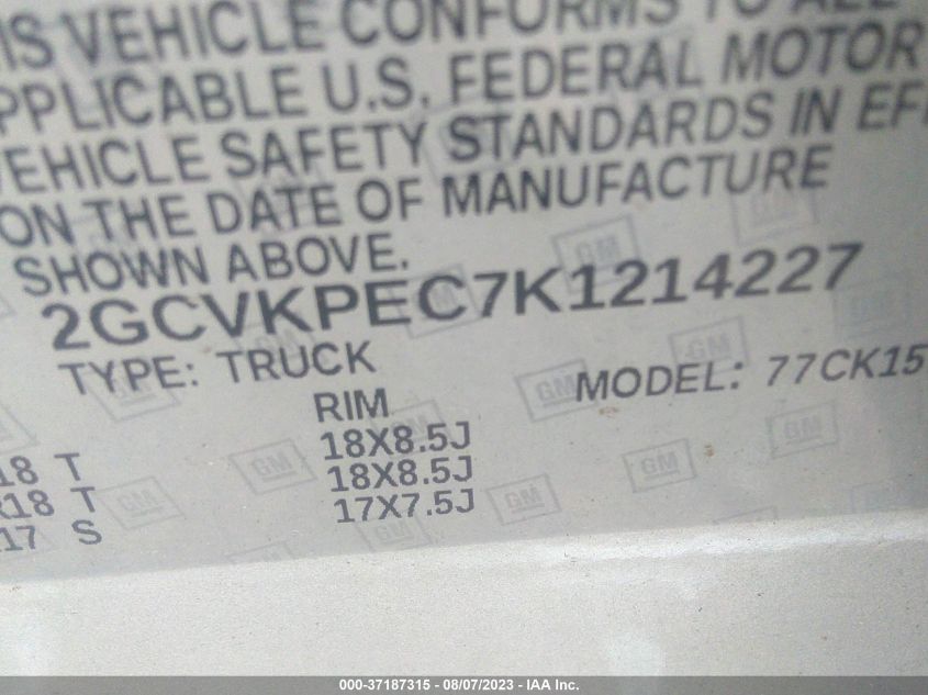 2019 CHEVROLET SILVERADO 1500 LD LT 2GCVKPEC7K1214227