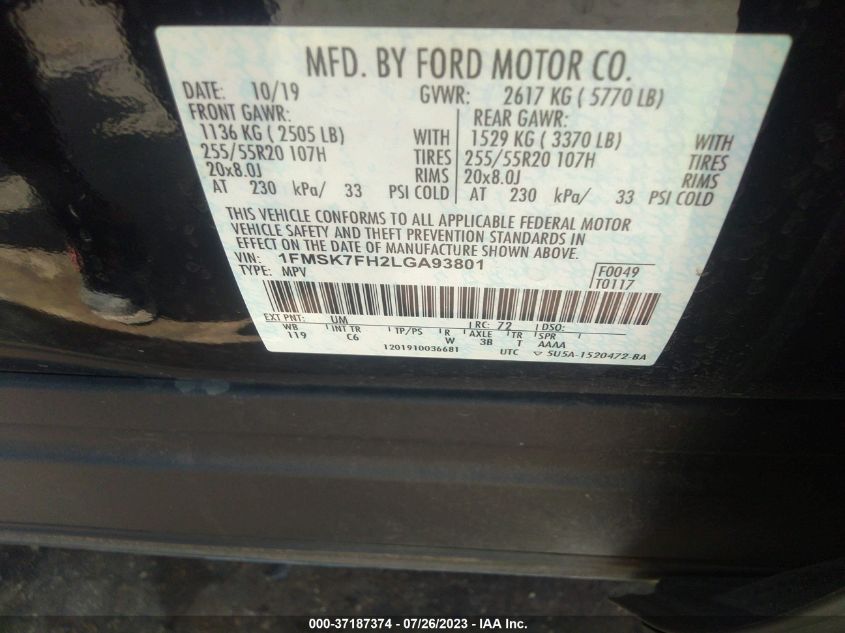 2020 FORD EXPLORER LIMITED - 1FMSK7FH2LGA93801