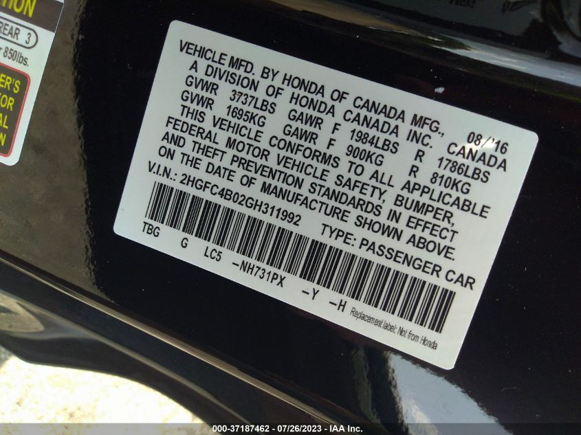 2016 HONDA CIVIC COUPE LX-P - 2HGFC4B02GH311992