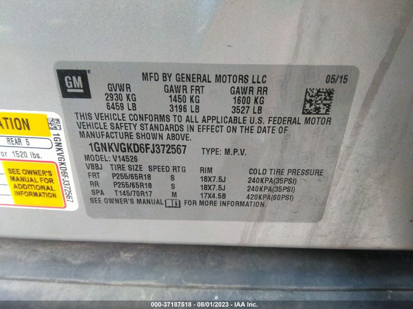 2015 CHEVROLET TRAVERSE LT - 1GNKVGKD6FJ372567