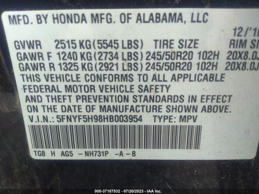 2017 HONDA PILOT TOURING - 5FNYF5H98HB003954
