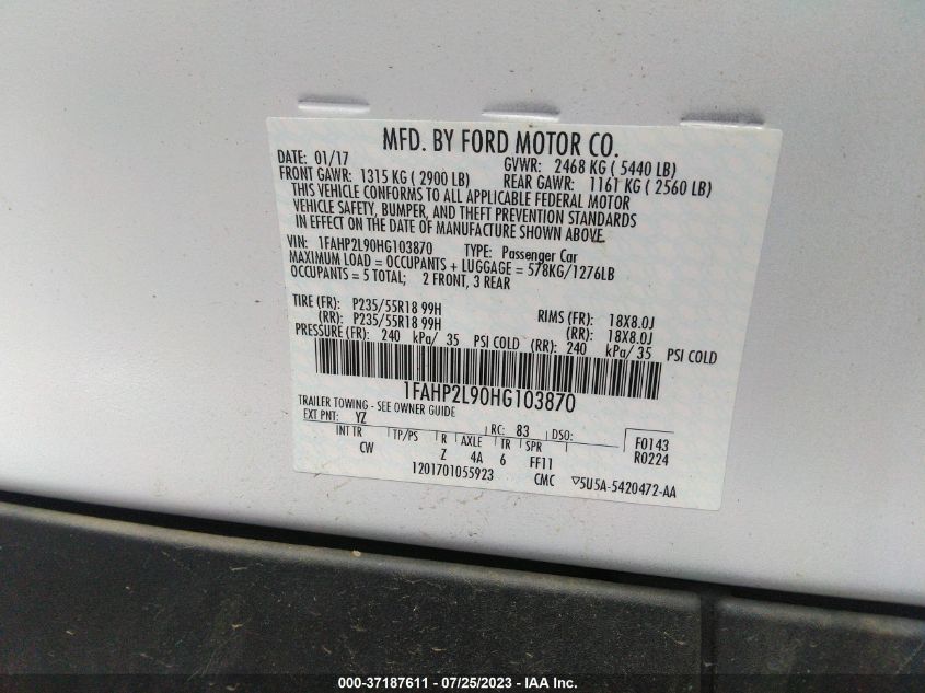 2017 FORD POLICE INTERCEPTOR SEDAN 1FAHP2L90HG103870