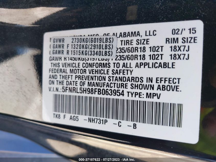 2015 HONDA ODYSSEY TOURING - 5FNRL5H98FB063954