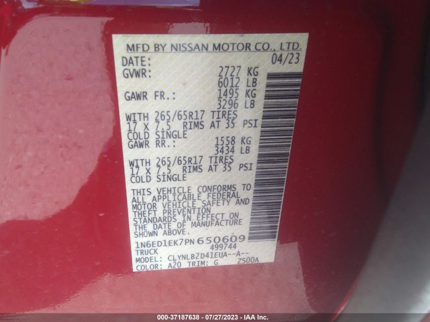 2023 NISSAN FRONTIER SV - 1N6ED1EK7PN650609