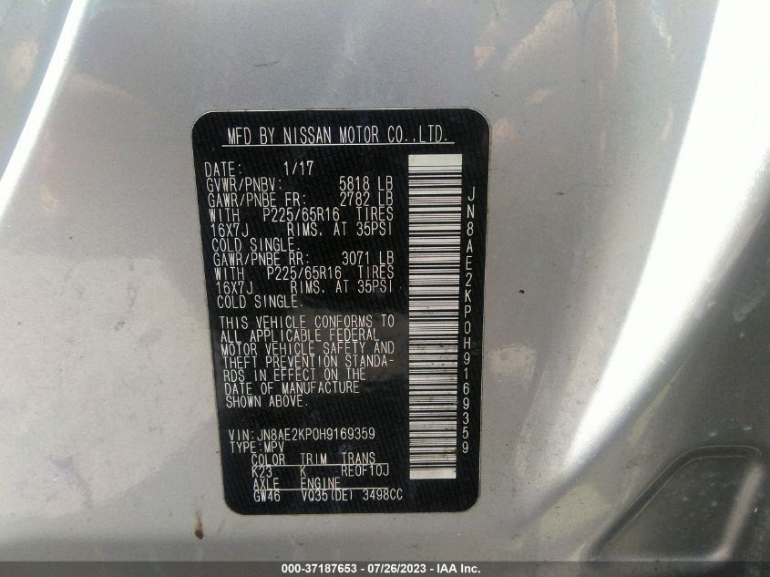 2017 NISSAN QUEST SV - JN8AE2KP0H9169359