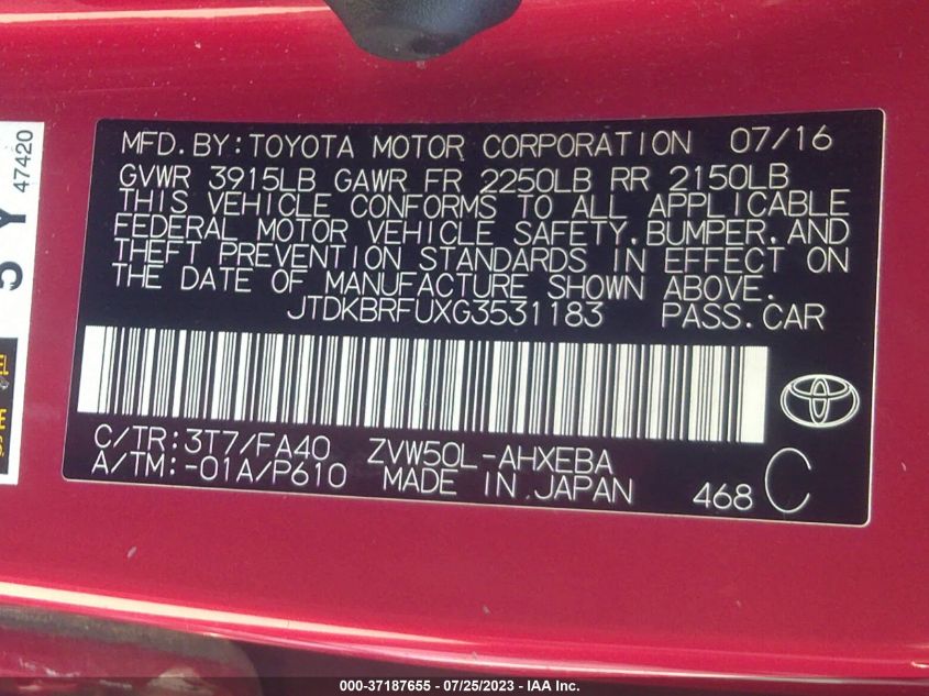 2016 TOYOTA PRIUS TWO - JTDKBRFUXG3531183