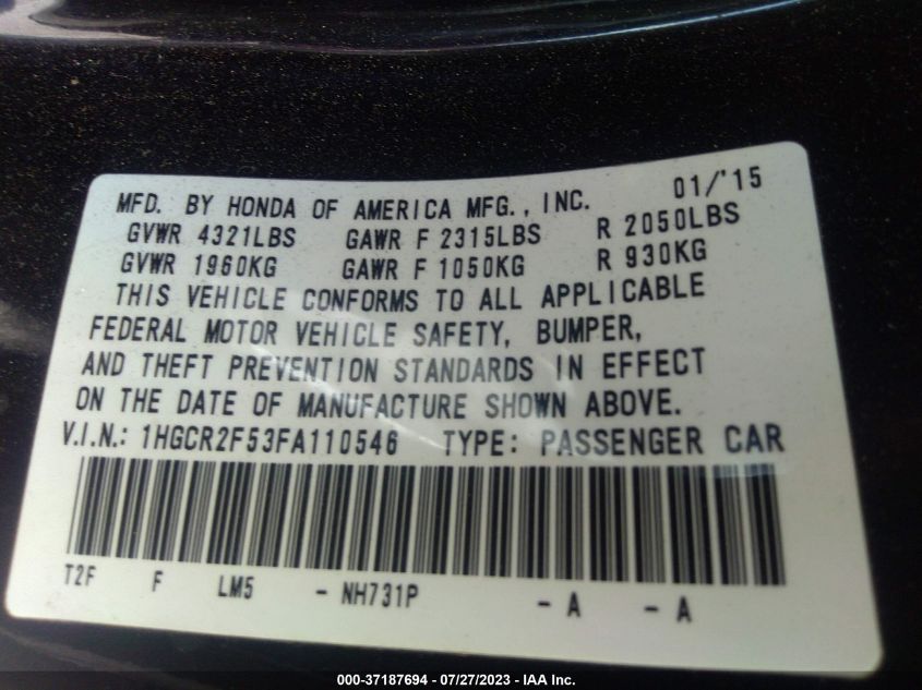 2015 HONDA ACCORD SEDAN SPORT - 1HGCR2F53FA110546