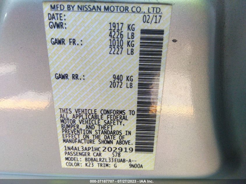 2017 NISSAN ALTIMA 2.5 SL - 1N4AL3AP1HC202919
