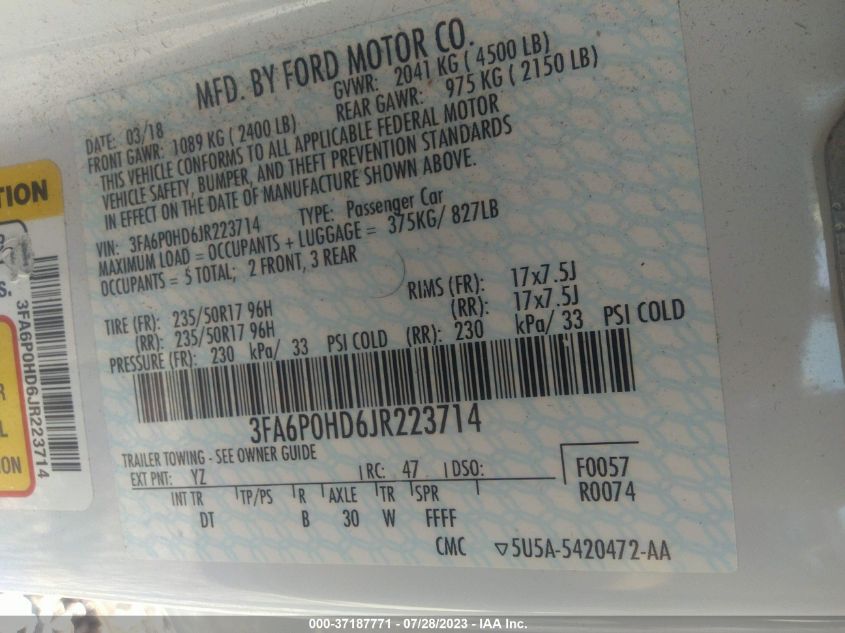 2018 FORD FUSION SE - 3FA6P0HD6JR223714