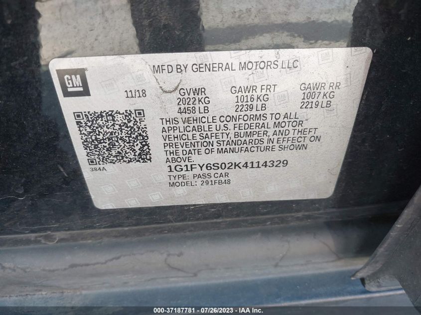 2019 CHEVROLET BOLT EV LT - 1G1FY6S02K4114329
