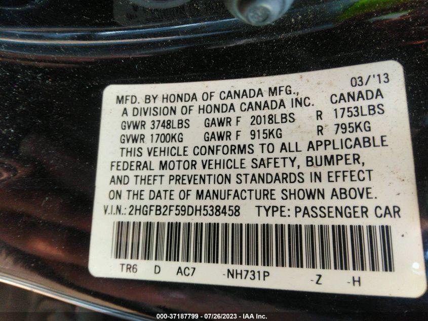 2013 HONDA CIVIC LX - 2HGFB2F59DH538458