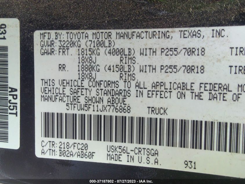 2018 TOYOTA TUNDRA 4WD SR/SR5/LIMITED - 5TFUW5F11JX776868