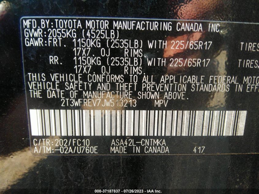 2018 TOYOTA RAV4 XLE/ADVENTURE - 2T3WFREV7JW513213