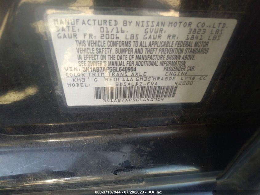 2016 NISSAN SENTRA SR/SL/S/SV/FE+ S - 3N1AB7AP5GL640904