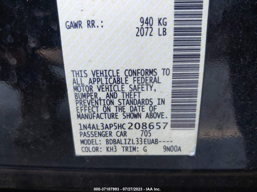 VIN 1N4AL3AP5HC208657 2017 NISSAN ALTIMA 2.5 SV