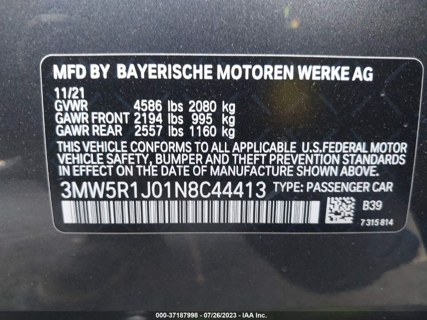 2022 BMW 3 SERIES 330I - 3MW5R1J01N8C44413