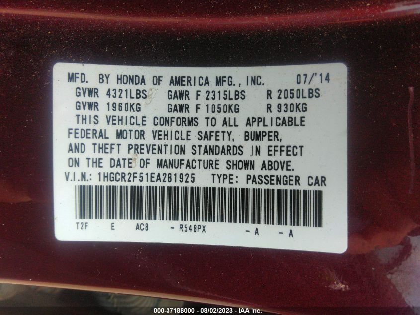 2014 HONDA ACCORD SEDAN SPORT - 1HGCR2F51EA281925