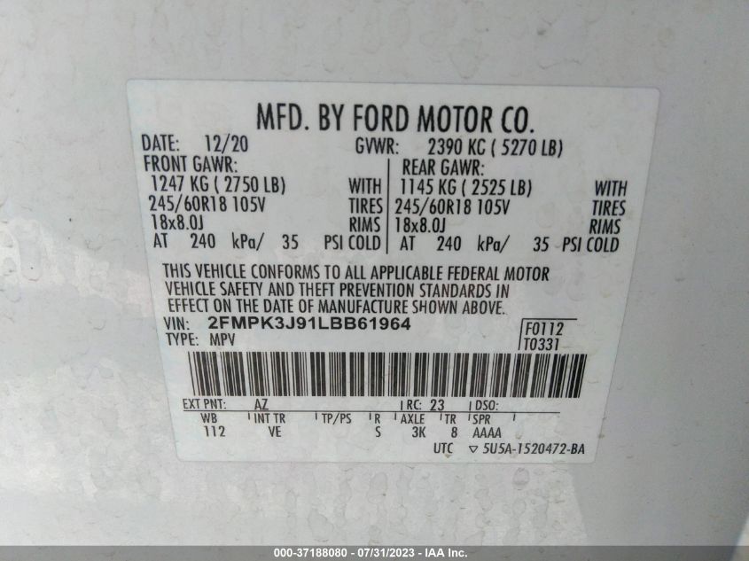 2020 FORD EDGE SEL/ST LINE - 2FMPK3J91LBB61964