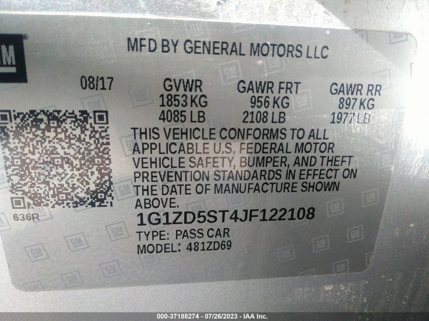 2018 CHEVROLET MALIBU LT - 1G1ZD5ST4JF122108