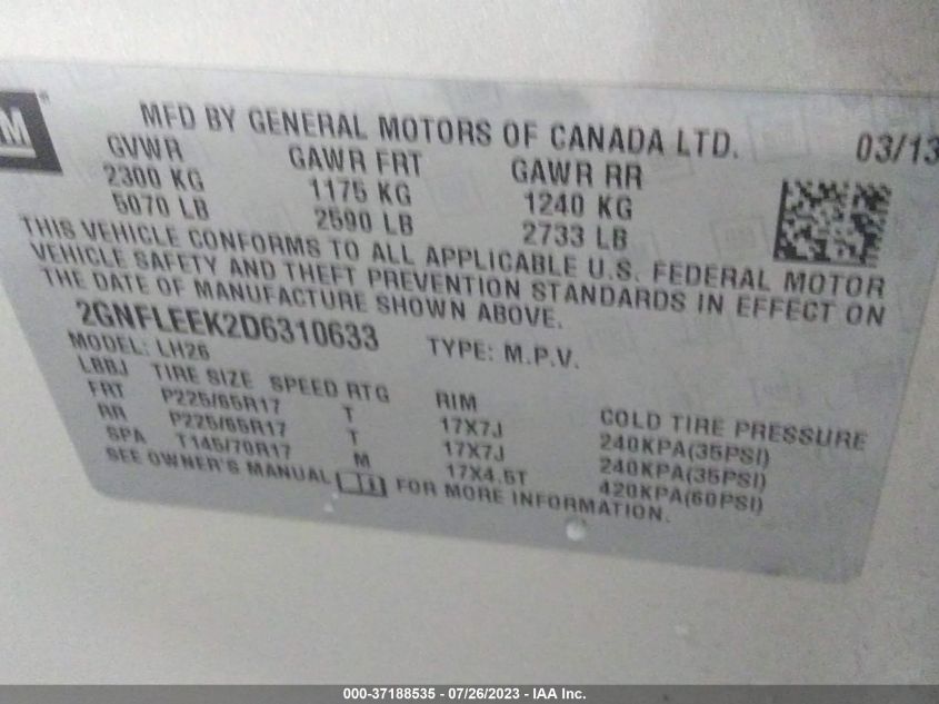 2013 CHEVROLET EQUINOX LT - 2GNFLEEK2D6310633