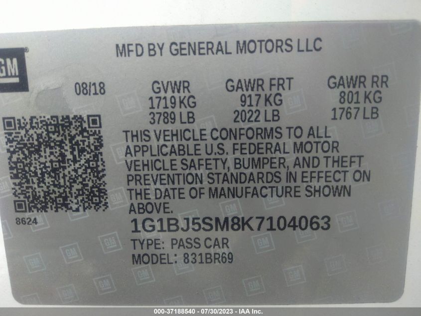 2019 CHEVROLET CRUZE - 1G1BJ5SM8K7104063