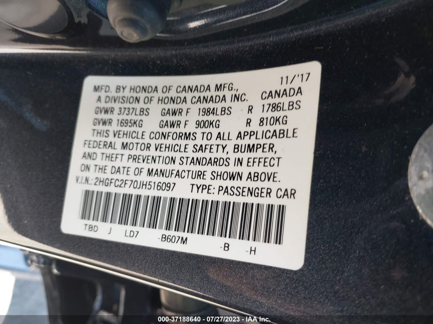 VIN 2HGFC2F70JH516097 2018 HONDA CIVIC SEDAN EX