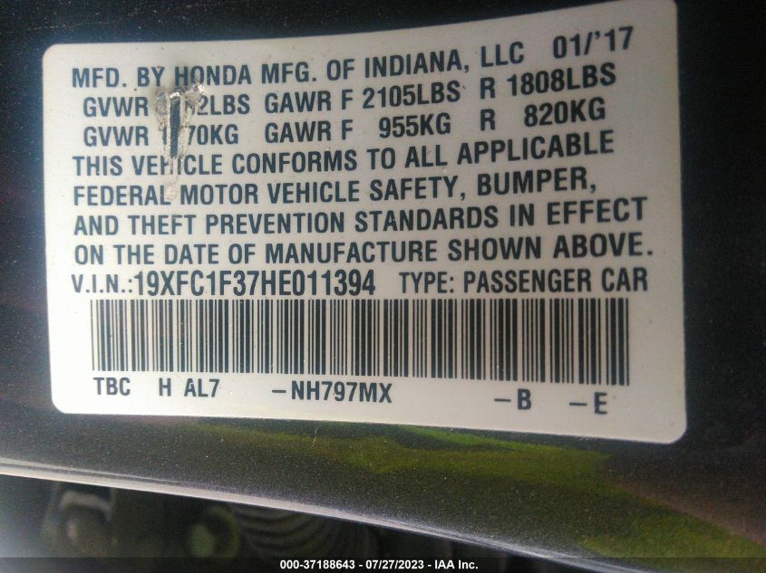 2017 HONDA CIVIC SEDAN EX-T - 19XFC1F37HE011394