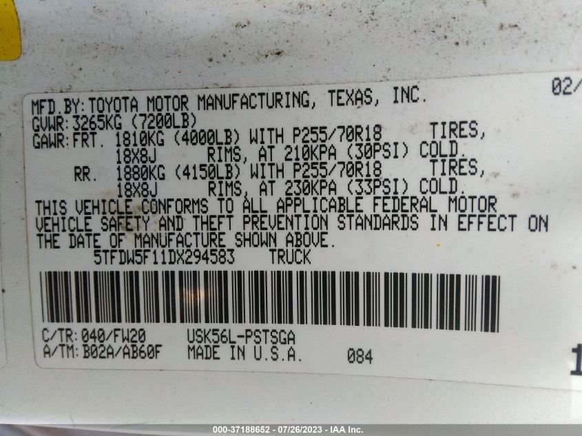2013 TOYOTA TUNDRA 4WD TRUCK 5TFDW5F11DX294583