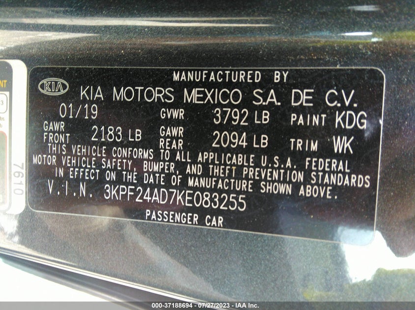 VIN 3KPF24AD7KE083255 2019 KIA FORTE LXS