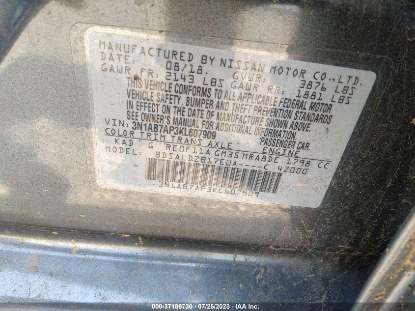 2019 NISSAN SENTRA SV - 3N1AB7AP3KL607909