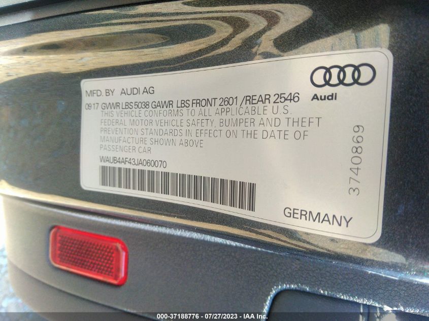 2018 AUDI S4 PREMIUM PLUS - WAUB4AF43JA060070