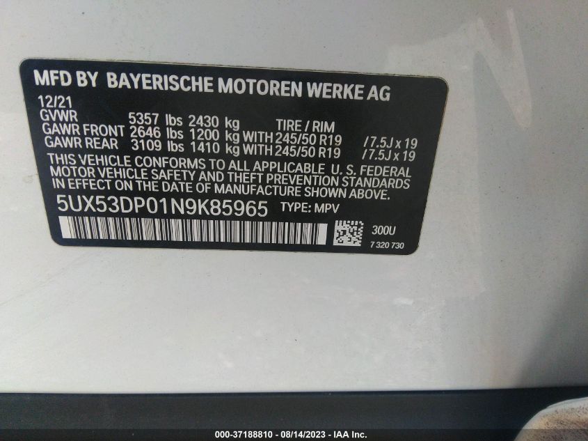 2022 BMW X3 XDRIVE30I - 5UX53DP01N9K85965