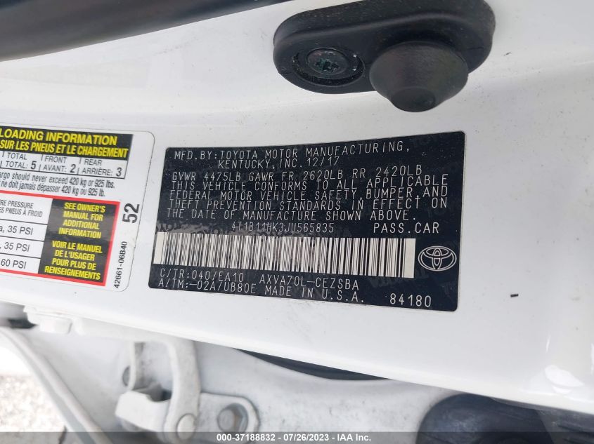2018 TOYOTA CAMRY LE/SE/XLE/L - 4T1B11HK3JU565835