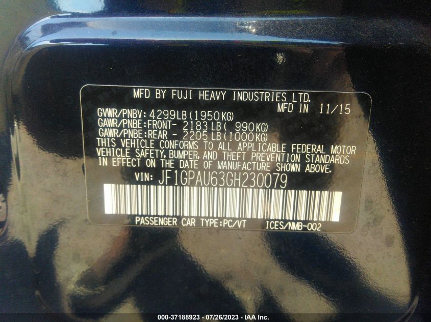 2016 SUBARU IMPREZA WAGON 2.0I SPORT LIMITED - JF1GPAU63GH230079