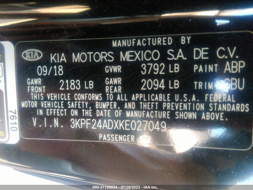 2019 KIA FORTE LXS - 3KPF24ADXKE027049