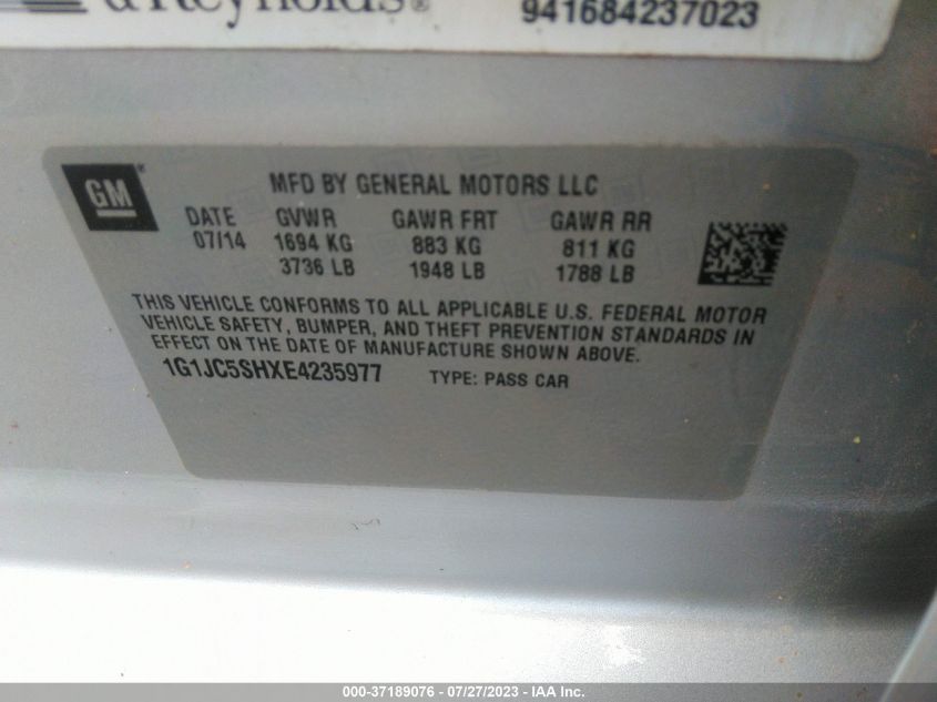 2014 CHEVROLET SONIC LT - 1G1JC5SHXE4235977