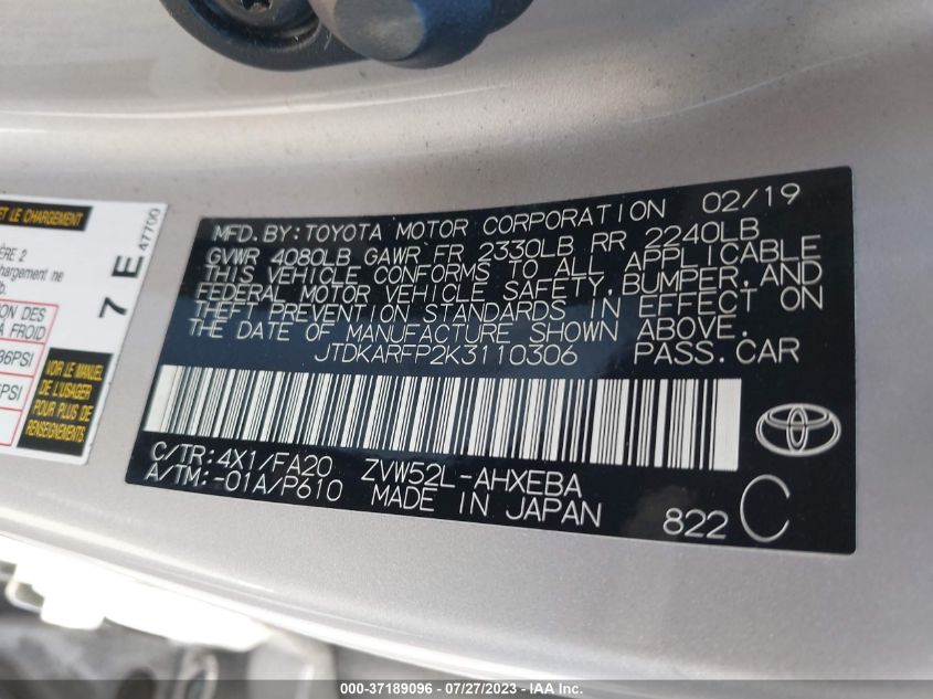 2019 TOYOTA PRIUS PRIME PLUS/PREMIUM/ADVANCED - JTDKARFP2K3110306