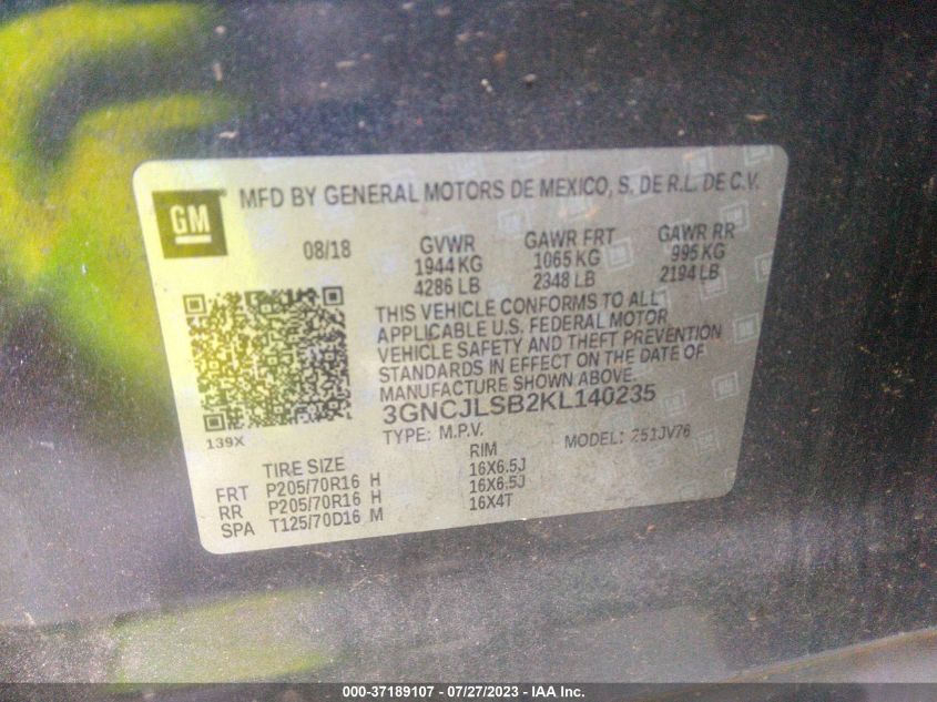 2019 CHEVROLET TRAX LT - 3GNCJLSB2KL140235