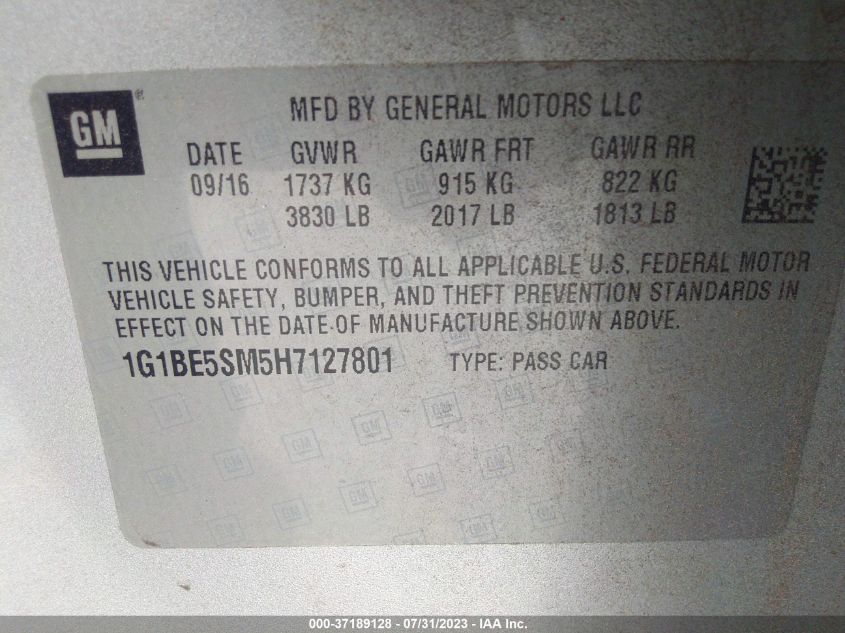 2017 CHEVROLET CRUZE LT - 1G1BE5SM5H7127801