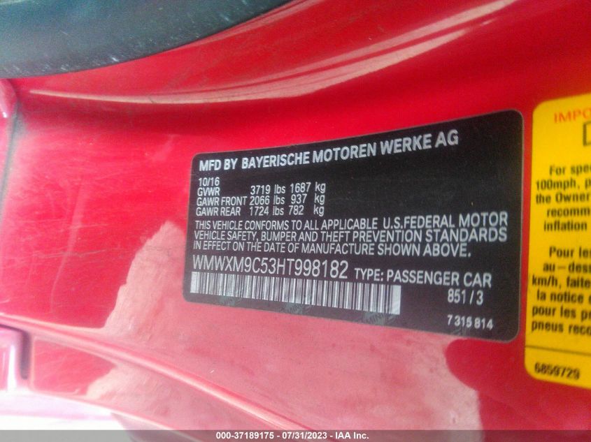 2017 MINI HARDTOP 2 DOOR JOHN COOPER WORKS WMWXM9C53HT998182
