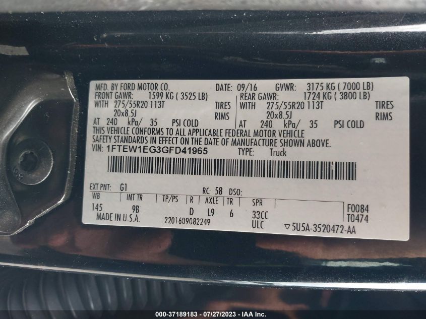 2016 FORD F-150 XLT/XL/LARIAT/PLATINUM - 1FTEW1EG3GFD41965