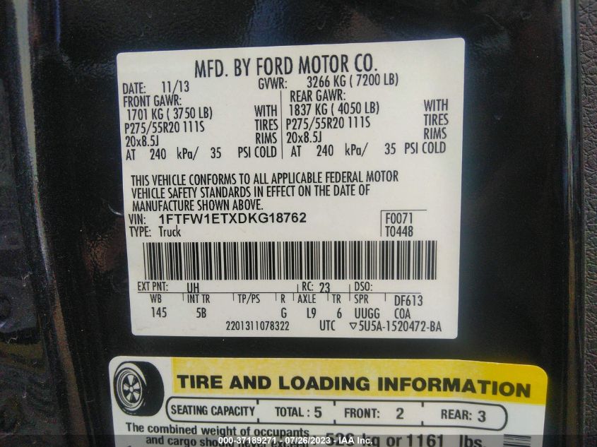 2013 FORD F-150 XL/XLT/FX4/LARIAT - 1FTFW1ETXDKG18762