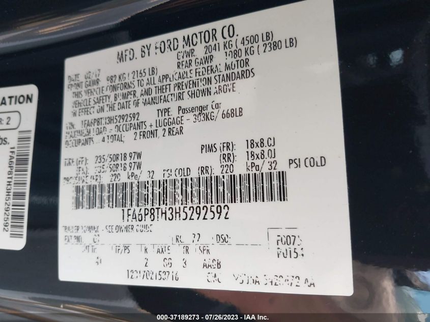 2017 FORD MUSTANG ECOBOOST - 1FA6P8TH3H5292592