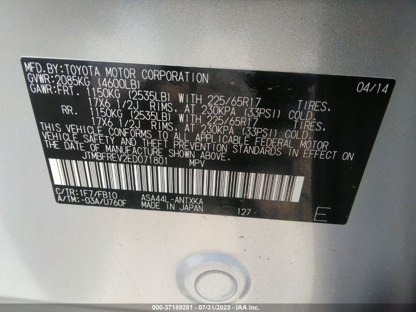 2014 TOYOTA RAV4 LE - JTMBFREV2ED071801