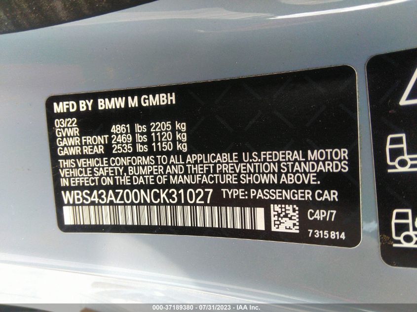 2022 BMW M4 COMPETITION XDRIVE - WBS43AZ00NCK31027