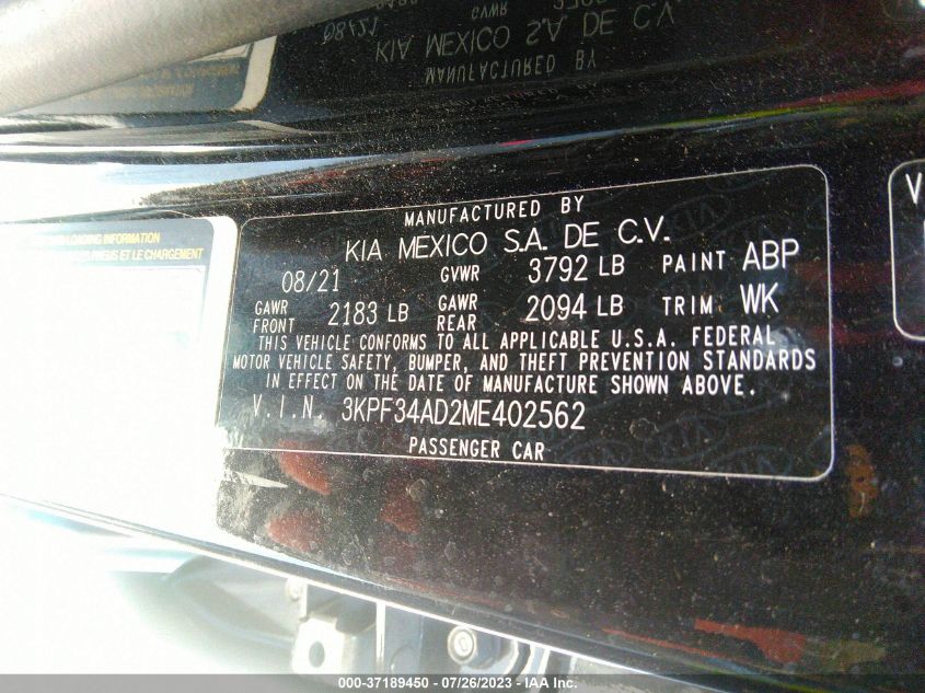 2021 KIA FORTE GT-LINE - 3KPF34AD2ME402562