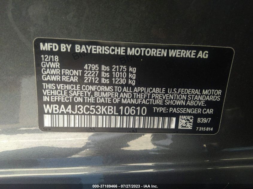2019 BMW 4 SERIES 430I XDRIVE WBA4J3C53KBL10610