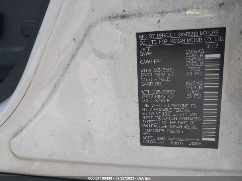 2017 NISSAN ROGUE SV - KNMAT2MT5HP591425
